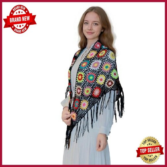 Handmade Crochet Fringed Poncho Cape Shawl Wrap 55x25in Acrylic - Picture 3 of 8